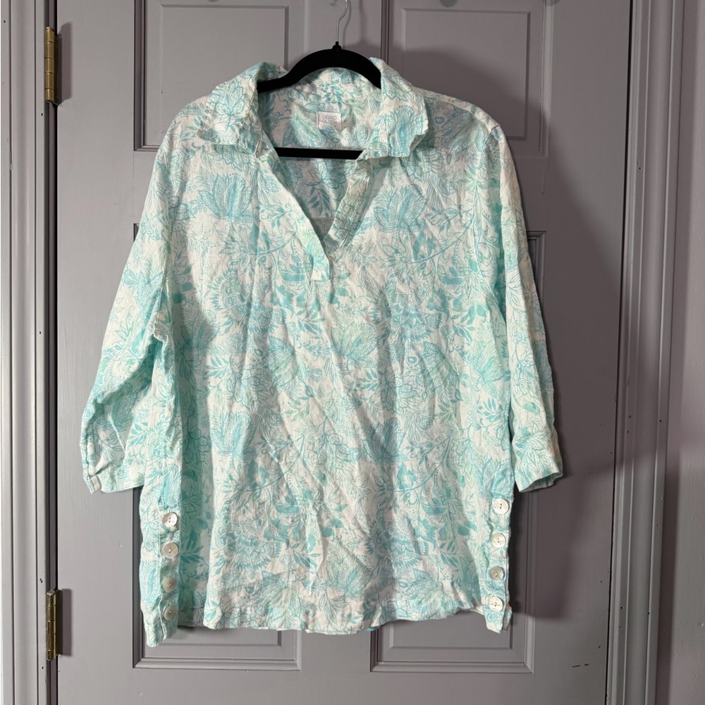 Sigrid Olsen Light Blue Floral linen Blouse